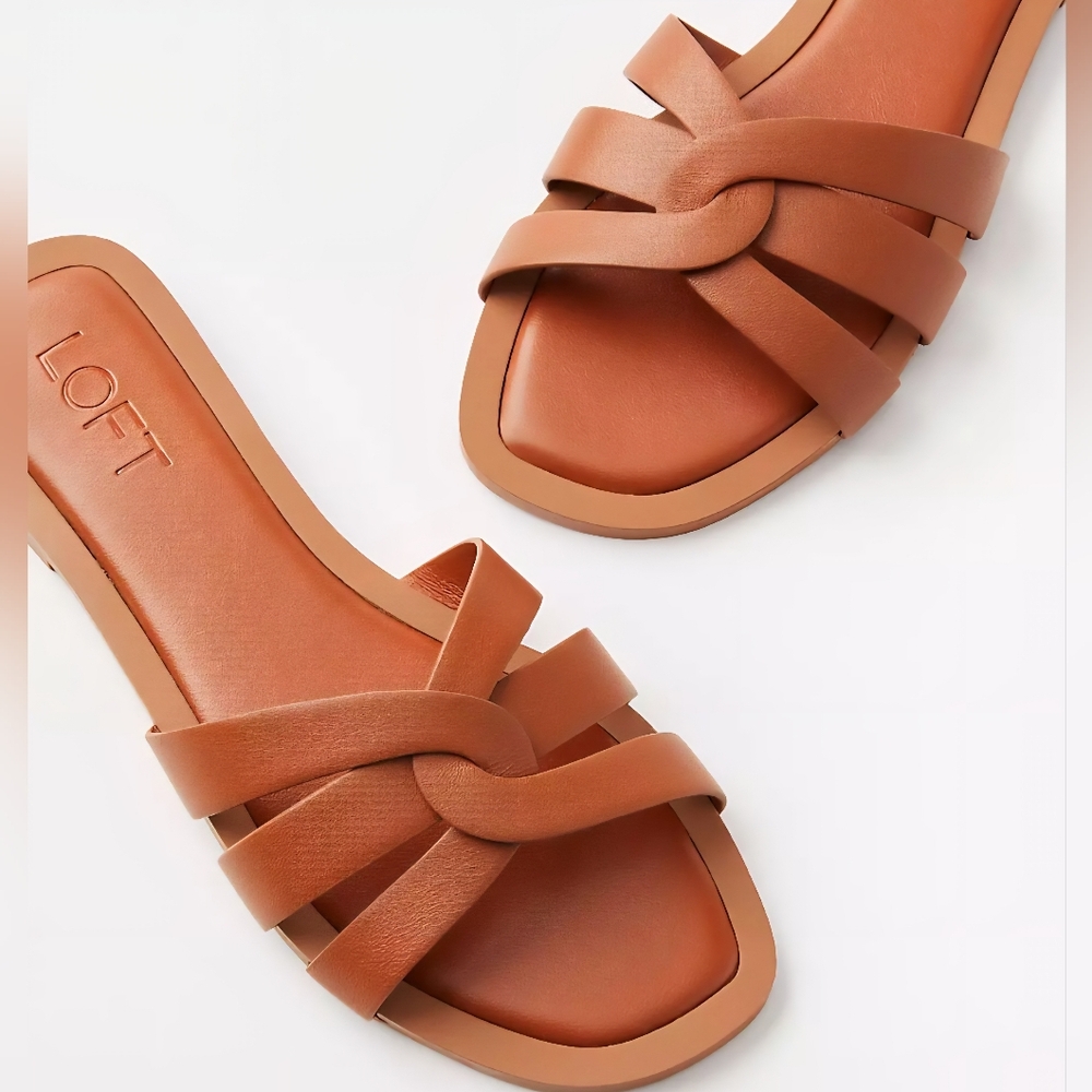 LOFT Women's Strappy Leather Slide Sandals, Tan - Size 7 1/2
